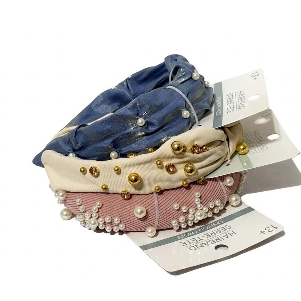 3-Piece Pearl & Studded Statement Headband Bundle - Trendy Hair Accessories Lot